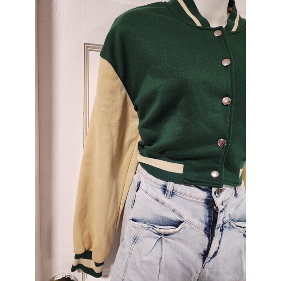 Shein Colorblock Drop Shoulder Crop Varsity Jacket Dark Green - Picture 6 of 9